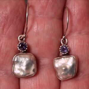 Sterling Baroque Pearl Earrings Amethyst Stone Dangle Earrings